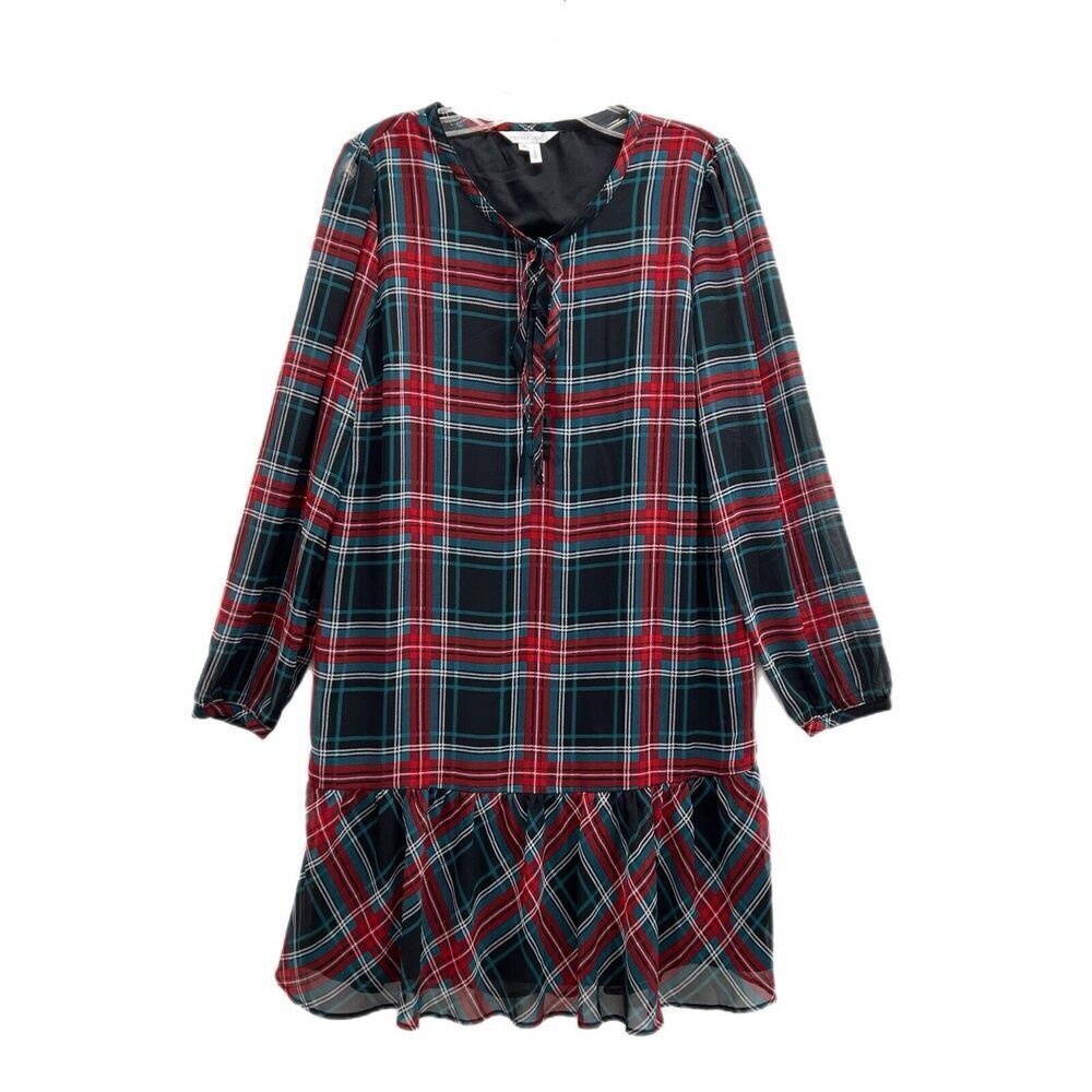 Draper James Small Plaid Long Sleeve Flounce Ruffle Hem Shift Dress Tie Neck